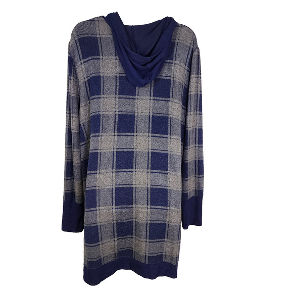 Maurices Hooded Cardigan Sweater Size XL Blue Gray Plaid Stretch V Neck Buttons - Picture 2 of 11